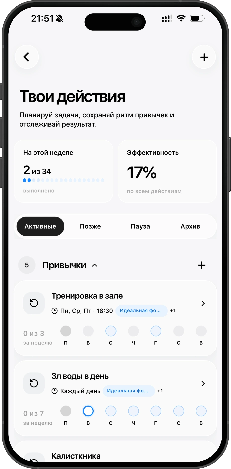 Экран всех действий и привычек в Ziz