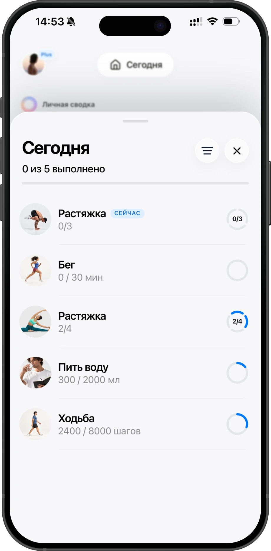 Экран действий на сегодня в Ziz