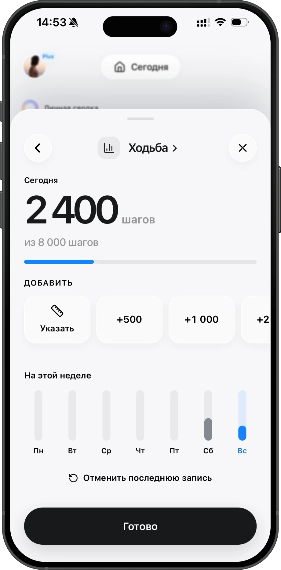 Экран прогресса шагов за сегодня в Ziz